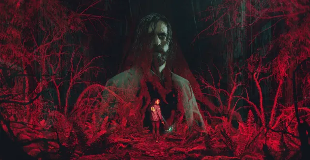Alan Wake 2 key art: Alan Wake's face looms over a red-lit forest where a small figure stands with a flashlight