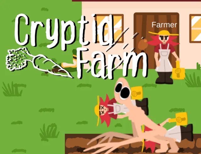 Cryptid Farm title art: a pale long-limbed creature grabs a red-haired farmer in an apron in front of a farmhouse, under the Cryptid Farm title