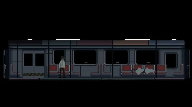 Last Train Home screenshot: a pixel-art night train carriage seen from the side, a man in a white shirt standing among red seats
