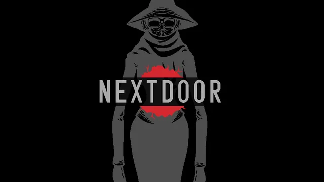 NextDoor cover: a tall grey figure in a wide hat and a mask stands on a black background behind the title and a red splash