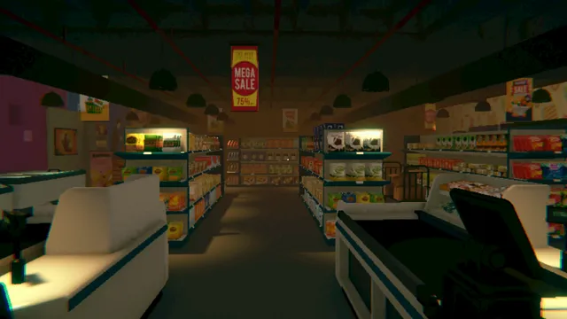 Overnight Interview screenshot: a convenience store at night seen from behind the counter, long aisles of shelves under hanging lamps
