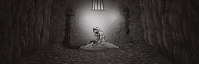 Slay the Princess key art: a pencil-drawn princess kneels in chains on the floor of a dim stone basement under a barred window