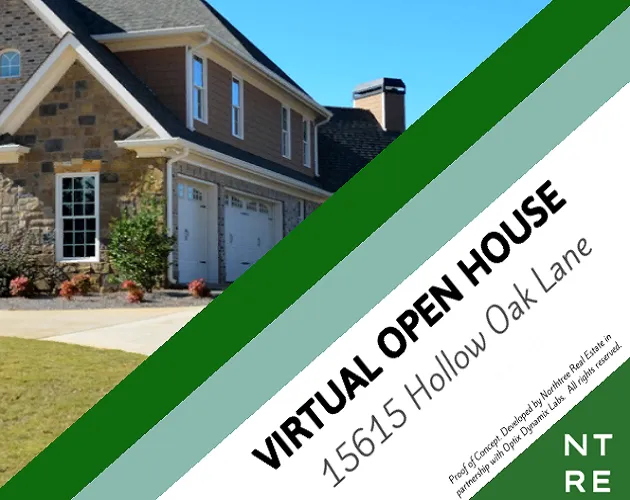 The Open House cover: a real estate flyer reading Virtual Open House, 15615 Hollow Oak Lane, over a photo of a stone-fronted suburban home